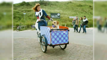 Frauchen und Hund mit Lastenrad am Strand