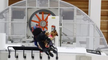 Hund und Mensch hängen am Seil unter einem Helikopter