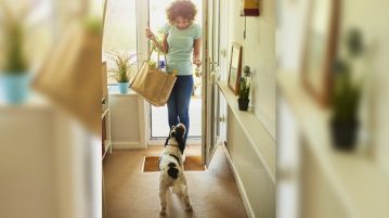 Hund begrueßt Frau an Haustuer.