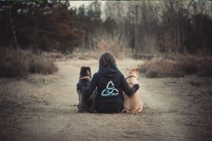 Frau mit zwei Hunden sitzt mit dem Rücken zur Kamera