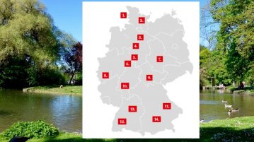 Tagesausflüge für Mensch & Hund → Deutschland 14 Mal anders Deutschlandkarte mit eingezeichneten Zahlen, die Ausflugsorte markieren
