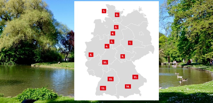 Deutschlandkarte mit eingezeichneten Zahlen, die Ausflugsorte markieren
