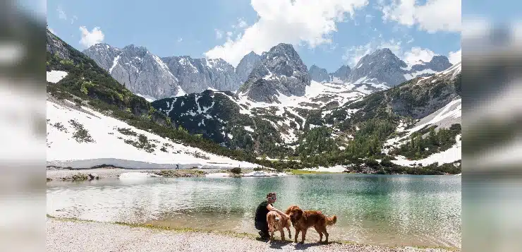 Frau mit Hunden an Gebirgssee
