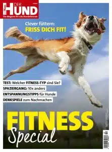 Auf dem Cover des DER HUND Specials rund um Fitness springt ein Hund in die Luft und ist von unten zu sehen