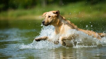 Ein blonder Labrador Retriever rennt ins Wasser eines Sees.