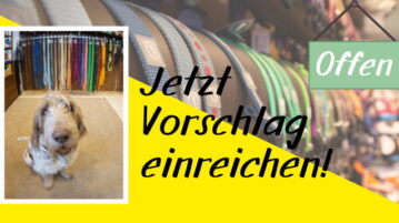 Wir suchen Deutschlands coolste Hundeläden! Hund in Hundeladen. Text: Jetzt Vorschlag einreichen!