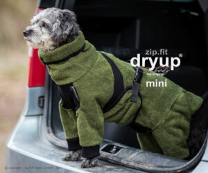 Ein Hund trägt einen olivgrünen dry up Body Zip Fit Hundebademantel