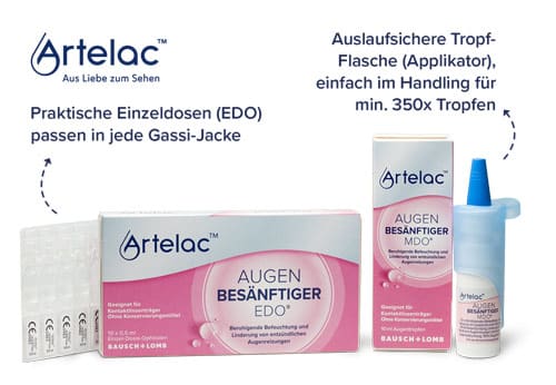 Artelac Augentropfen: Einzeldosenverpackung und Tropfflasche mit min. 350x Tropfen