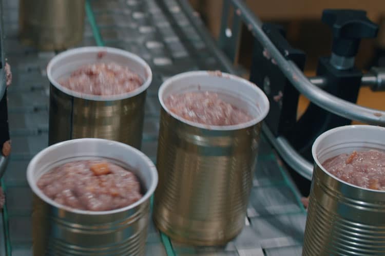 Offene Konservendosen mit rohem Hundefutter fahren auf einem Fließband durch die Produktionsanlage.