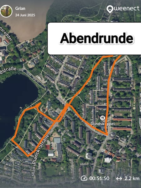Karte einer aufgezeichneten Hunderunde „Abendrunde“ mit 2,2 km Route in einem Wohngebiet, Dauer 51 Minuten.