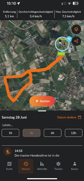 Karte mit aufgezeichneter 5,1 km langen Hunde-Spazierstrecke, Verlauf ist orange gekennzeichnet.