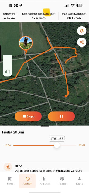 GPS-Tracker-App zeigt die aufgezeichnete Strecke eines Hundes mit 40,6 km und 17,4 km/h durchschn. Geschwindigkeit.