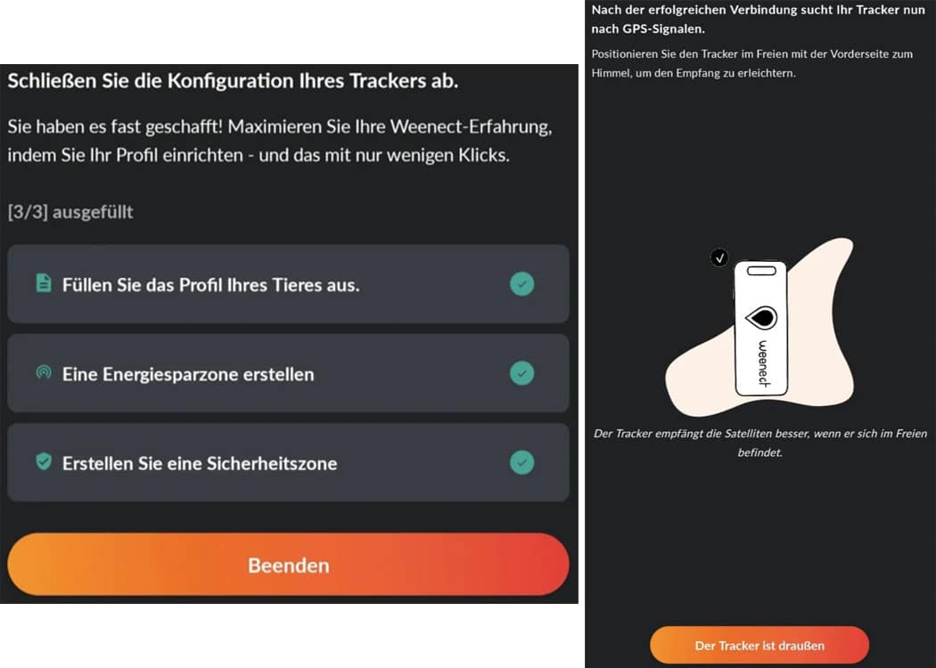 Screenshot aus der Weenect-App: Tracker-Konfiguration abschließen und GPS-Signal im Freien aktivieren.