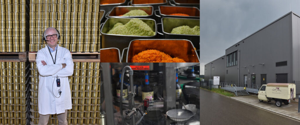 Montage aus Produktionshalle mit Dosen, Gemüsebehältern, Etikettier-Anlage und grauem Industriegebäude mit Lieferfahrzeug.