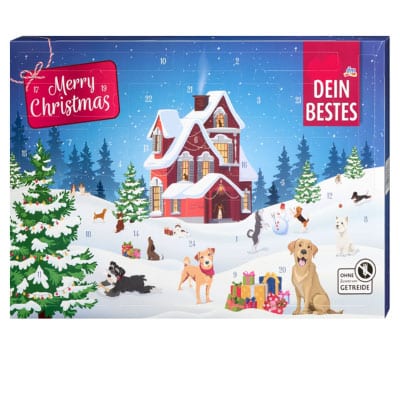 Weihnachtlicher Adventskalender mit winterlicher Landschaft, rotem Haus und vielen Hunden vor verschneiten Tannenbäumen.