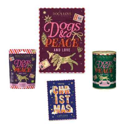 Weihnachtliche Hundeprodukte: Adventskalender, Nassfutter und Snacks mit festlichem Peace-and-Love-Design.