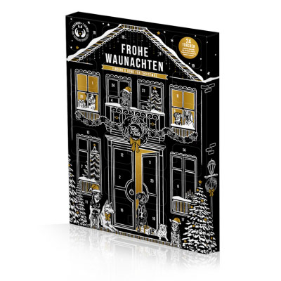 Schwarzer Adventskalender „Frohe Waunachten“ mit goldenen Details und Hundemotiven in Hausform.