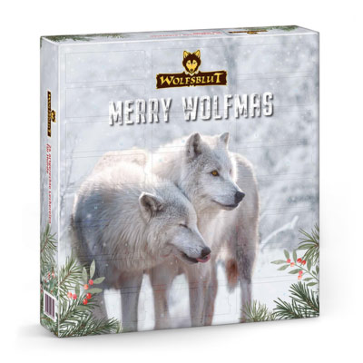Weißer Adventskalender mit zwei Wölfen im Schnee, Tannenzweigen und Schriftzug „Merry Wolfmas“.