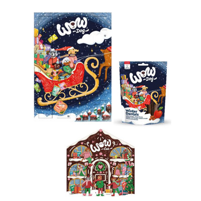 Bunte Hunde- und Katzen-Adventskalender sowie Winter-Dental-Snacks mit weihnachtlichen Motiven und fröhlichen Tieren.