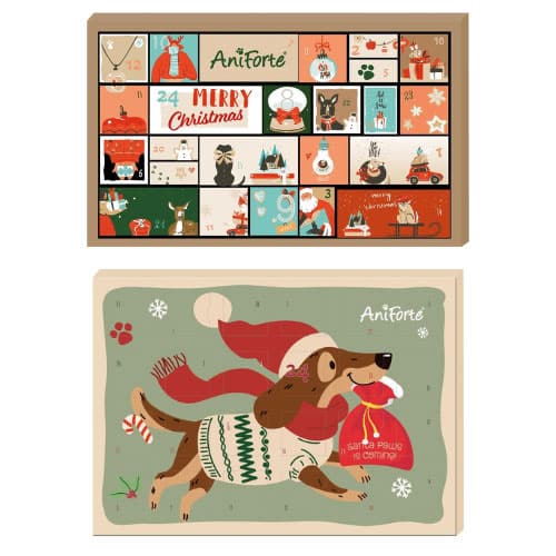 Zwei Adventskalender für Hunde mit weihnachtlichen Motiven und fröhlich spielendem Hund im Pullover