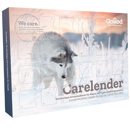 Adventskalender mit nordischem Hund im winterlichen Feld; Text: Carelender, von Marke Goood.