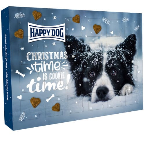 Adventskalender mit Border Collie im Schnee; Text: Christmas time is cookie time!