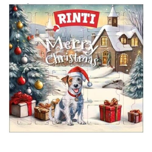 Weihnachtlicher Adventskalender mit Hund, Geschenken und festlich geschmücktem winterlichen Dorf.