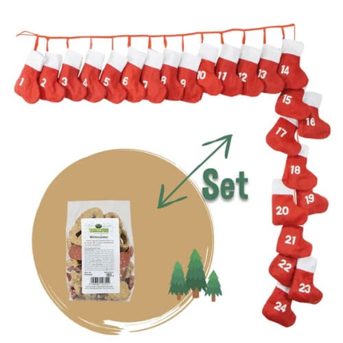 Adventskalender-Set mit 24 roten Stiefeln zum Befüllen und einer Packung Hundekekse als Inhalt.