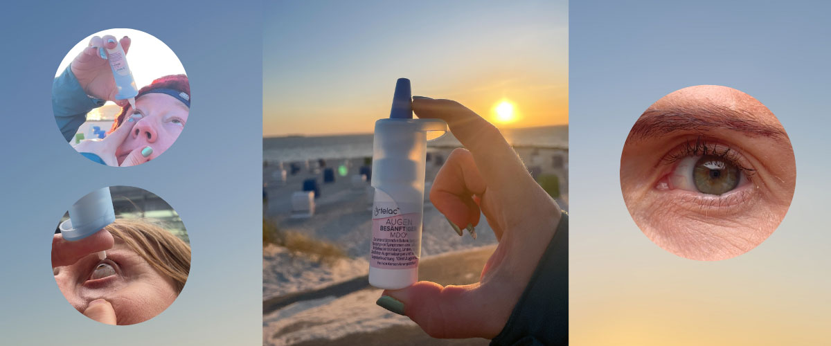 Pumpflasche Augentropfen am Strand, am Auge angewendet; Nahaufnahme eines offenen Auges