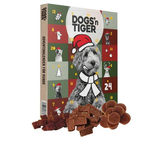 Adventskalender für Hunde mit Weihnachtsmotiv und Hundesnacks vorne.