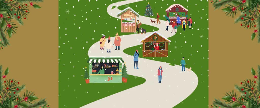 Bunte Buden und Menschen auf einem verschneiten Weihnachtsmarkt mit geschmücktem Baum und festlicher Atmosphäre.