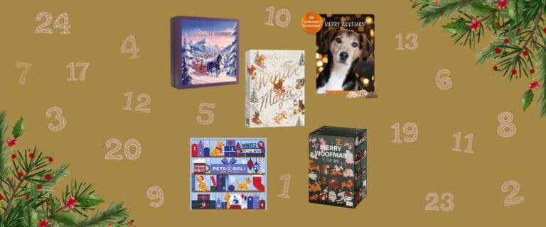 Collage: 5 Adventskalender für Hunde von 2026 als Beispiele, auf goldenem Grund, mit Zahlen von 1 bis 24