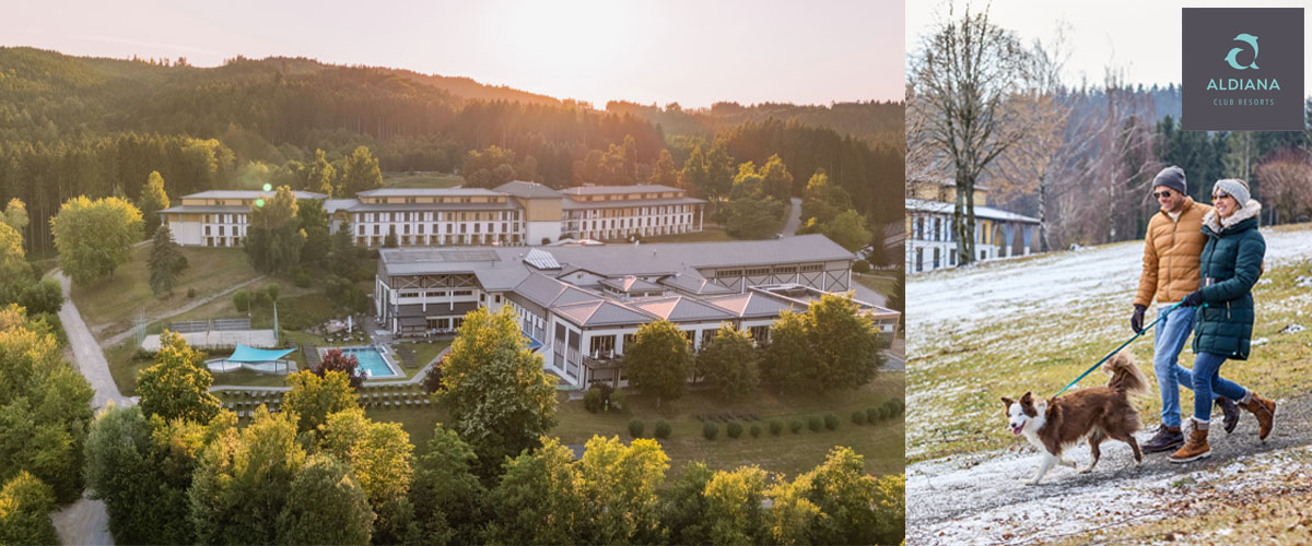 Großes Resort im Grünen mit Außenpool; Paar spaziert mit Hund auf dem Gelände des Aldiana Club Ampflwang.