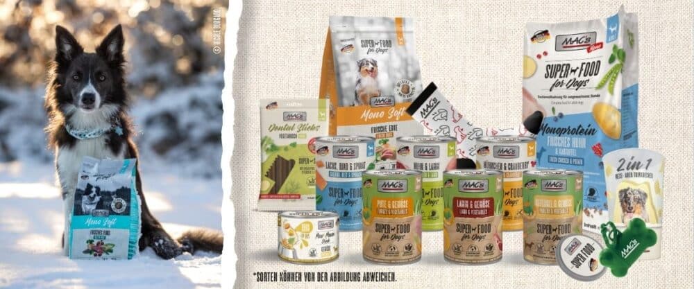 Links sitzt ein Hund im Schnee neben einem Beutel MAC's Hundefutter, rechts sind verschiedene MAC's Produkte abgebildet.