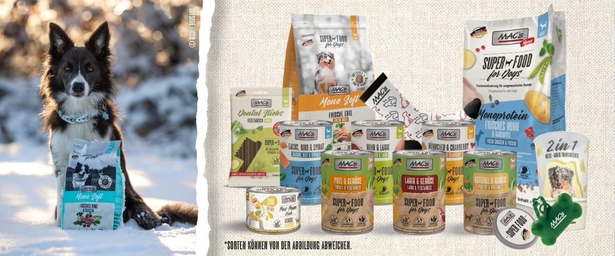 Links sitzt ein Hund im Schnee neben einem Beutel MAC's Hundefutter, rechts sind verschiedene MAC's Produkte abgebildet.