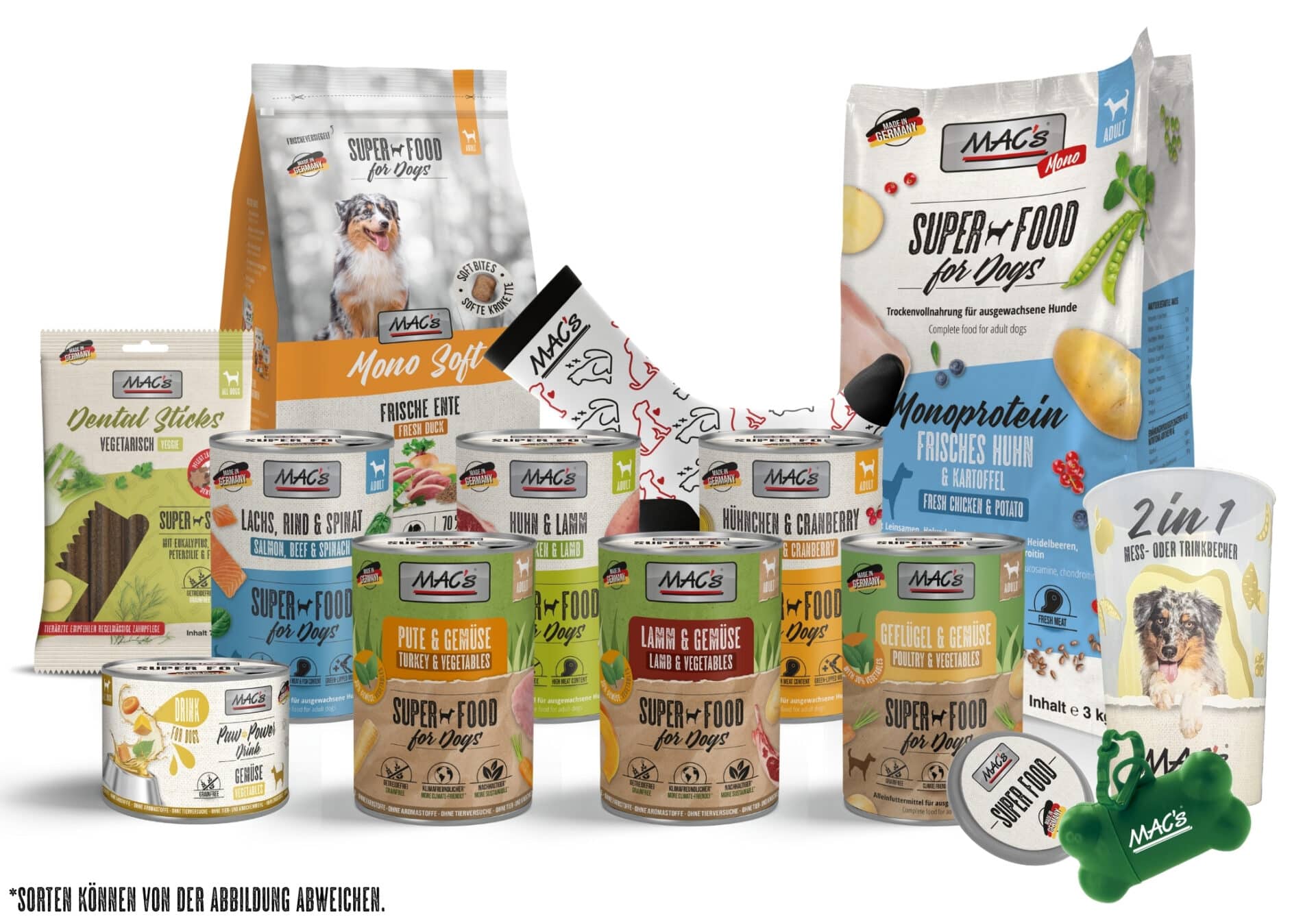 Verschiedene MAC's Hundefutterprodukte wie Nassfutter, Trockenfutter, Snacks und Zubehör sind abgebildet.