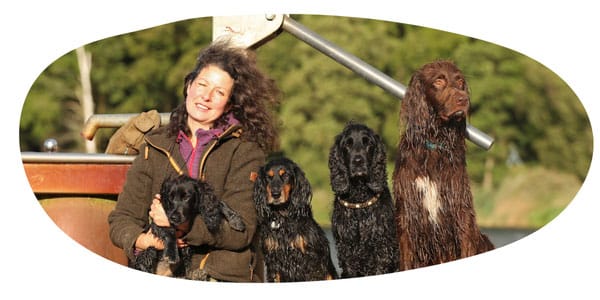 Person sitzt draußen mit vier langhaarigen Jagdhunden, die gemeinsam aufmerksam in die Ferne blicken.