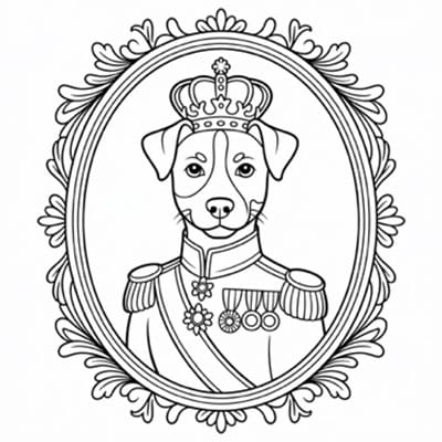 Ausmalbild eines Hundes im königlichen Outfit mit Medaillen und Krone, eingerahmt von einem verzierten Oval.