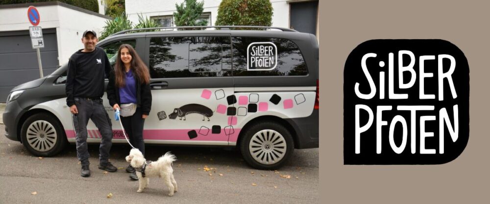 Ehrenamtliche Ann-Kristin mit Finley und SilberPfoten-Leiter Marcel Yousef