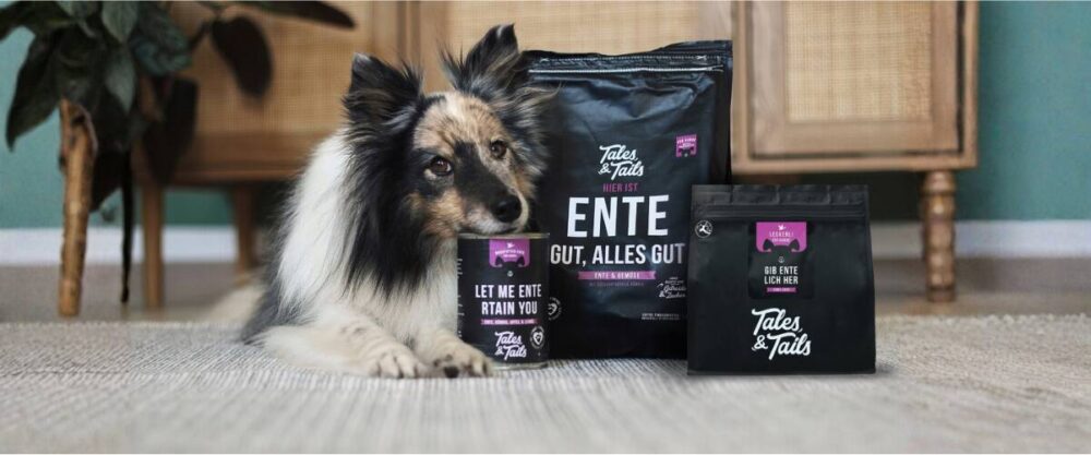 Langhaariger Hund liegt neben mehreren schwarzen Beuteln mit Hundefutter der Marke "Tales & Tails"