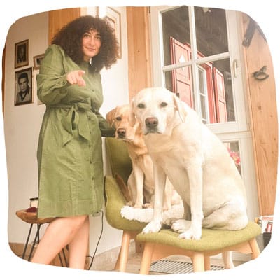 Zwei blonde Labradore sitzen nebeneinander auf einem Stuhl und Hocker, daneben steht eine Frau in einem grünen Kleid.