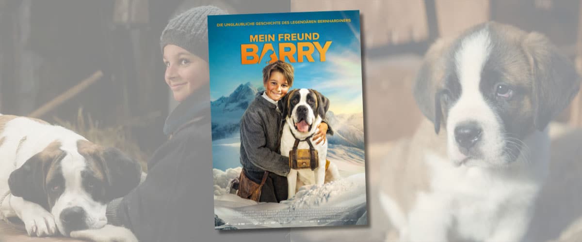 Filmposter „Mein Freund Barry“ mit Kind und Bernhardiner vor winterlicher Bergkulisse.