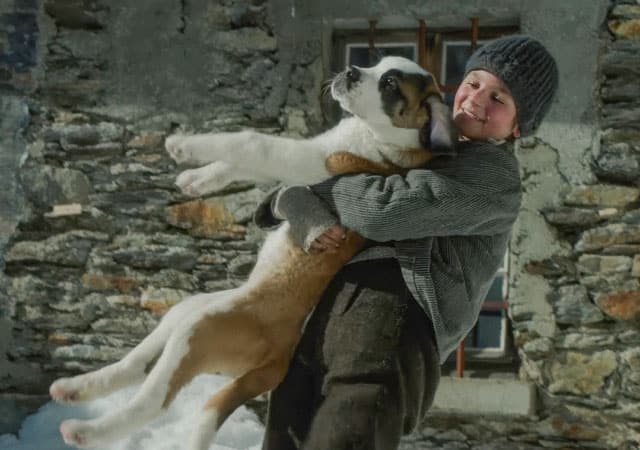 Georg hält Bernhardiner Barry als jungen Hund hoch, altes Haus aus Steinen im Hintergrund