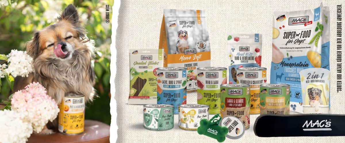 Collage: verschiedene MAC’s Hundefutter‑Produkte und Snacks vor hellem Hintergrund.