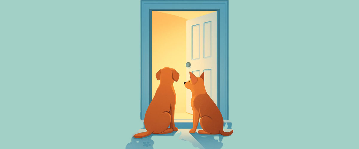 Zwei Hunde sitzen vor einer geöffneten Tür mit warmem Licht und schauen hinein.