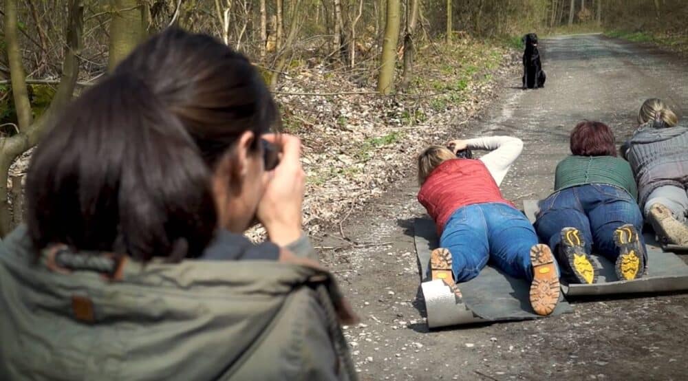 3 Personen liegen auf Matten auf dem Boden und fotografieren einen schwarzen Labrador. Sie sind von hinten zu sehen.