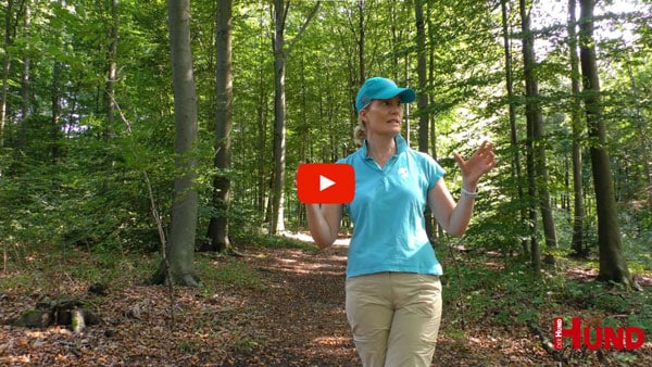 Regine Heuser in türkisfarbener Mütze und T-Shirt steht im Wald und erklärt