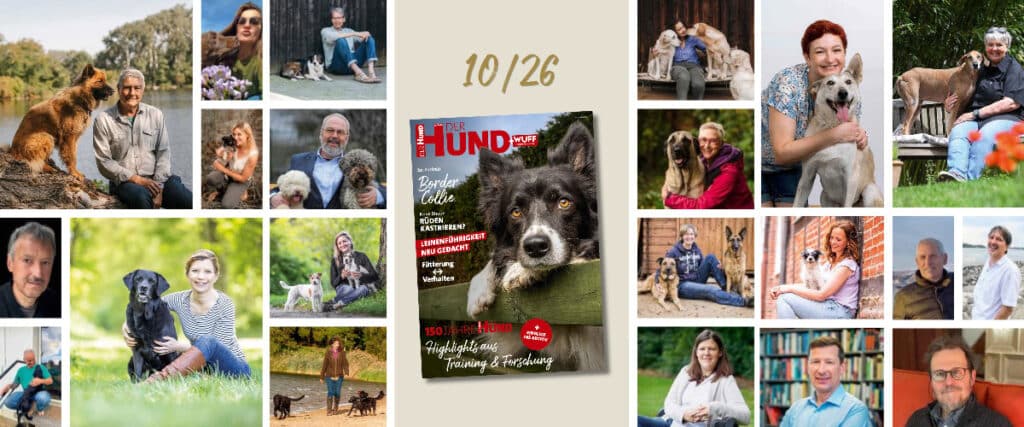 Collage: Ausgabe 10/26 von DER HUND mittig, darum herum 21 Fachleute aus Training, Gesundheit & Forschung